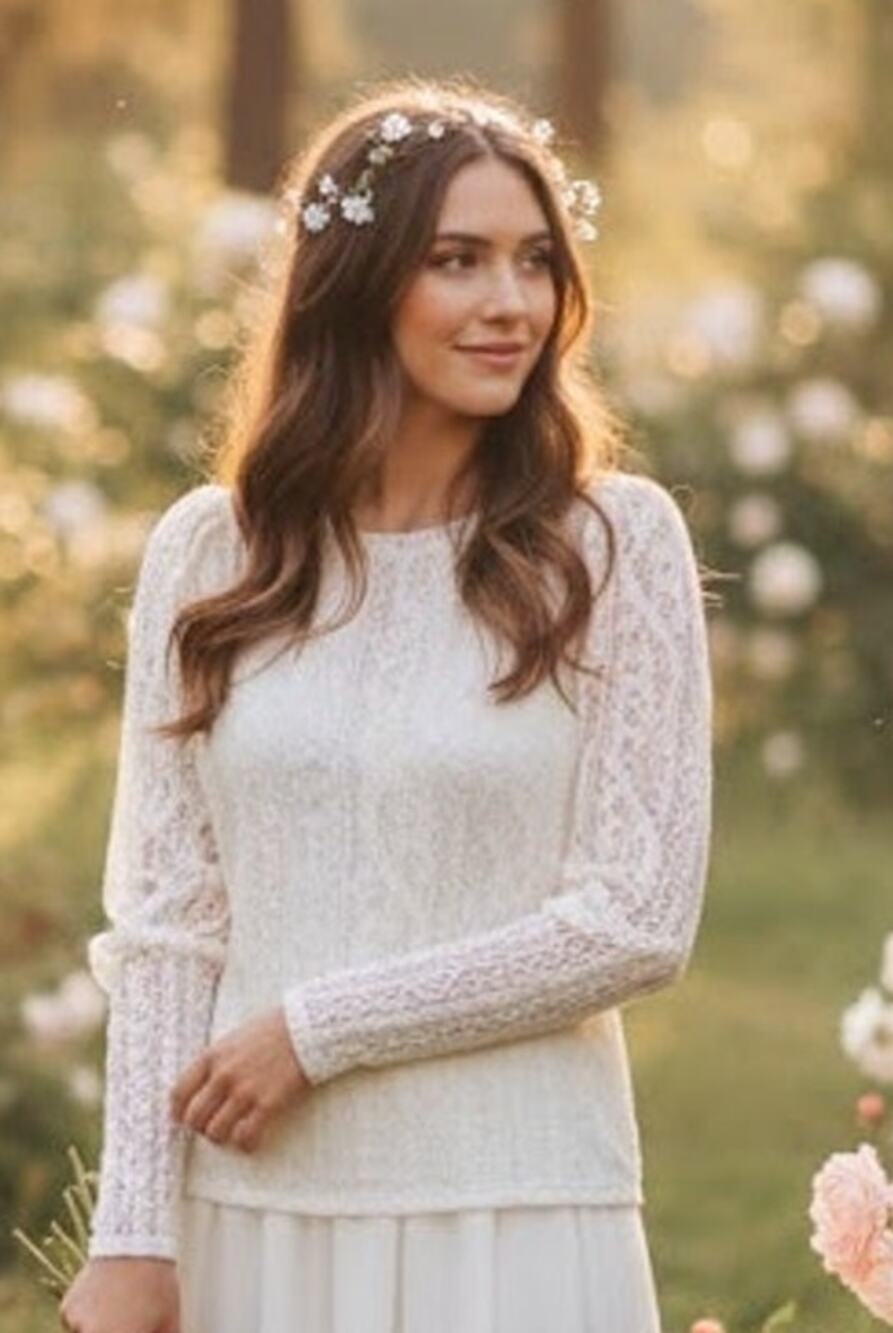 Express Cream Floral Lace Puff Sleeve Top - Size Large - Romantic Boho Stretch